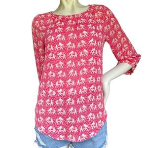 41 Hawthorn Pink & White Elephant Print High Neck Cuffed Sleeve Blouse Size XS